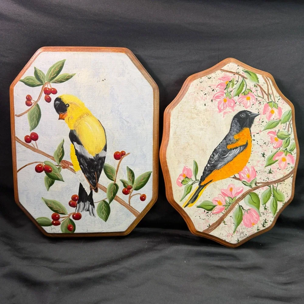Vintage Set of 2 Hand Painted Bird Wood Plaques Folk Art
